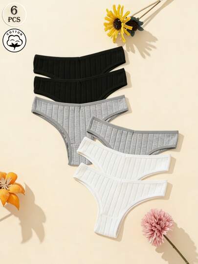 6pcs Women's Solid Color Simple Ribbed Lifting Briefs, Breathable Double-Layer Crotch Panties