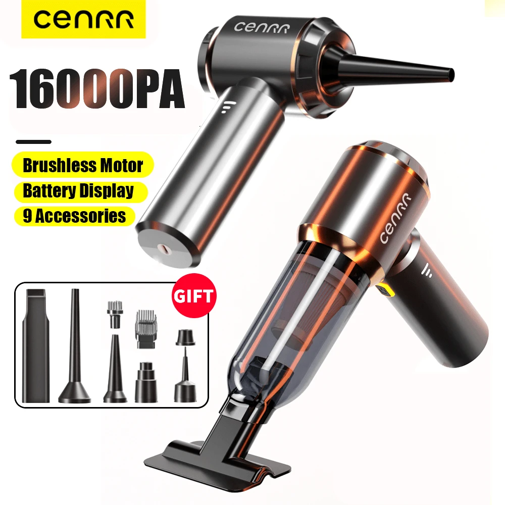CENRR 16000PA 大吸力手持式车载吸尘器，100W 无刷电机，电池电量显示，便携式无线吸尘器，四合一，适用于汽车和家庭，电池续航时间 0.2 小时，功率 0-200W，噪音 80dB，USB 充电，最大电压 36V，0.2L 集尘杯，塑料机身 - 灰色 - 查看 1