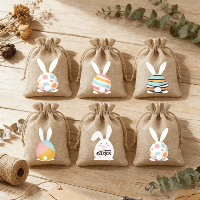 12 piezas Bolsas de lino con diseño de conejito lindo para Pascua, bolsas de regalo de lienzo hechas a mano para obsequios de fiesta, cumpleaños, Año Nuevo - Bolsas de polipropileno arpillera con estampado de animales, empaque de galletas, relleno de canasta, regalos pequeños