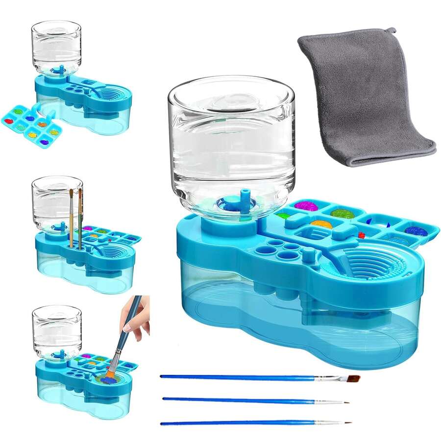 Paint Brush Cleaner Tool, Washing My Brush, Water Cycle Watercolor Brushes Rinser With Holder And Palette, Laboratory Tube Cleaning Brush, Three Paintbrushes,Equipped With Cleaning Cloth, Brushes Rinser Dispenser, Painting Art Supplies Stuff For Artist Beginner - 藍色 - 查看 1