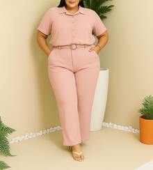 Plus Size Women's 2-Piece Fashion Casual Elegant Set With Cropped Shirt And Wide-Leg Pants With Built-In Belt. Fabric: Split Button. Summer And Winter. - 淺粉色 - 查看 1