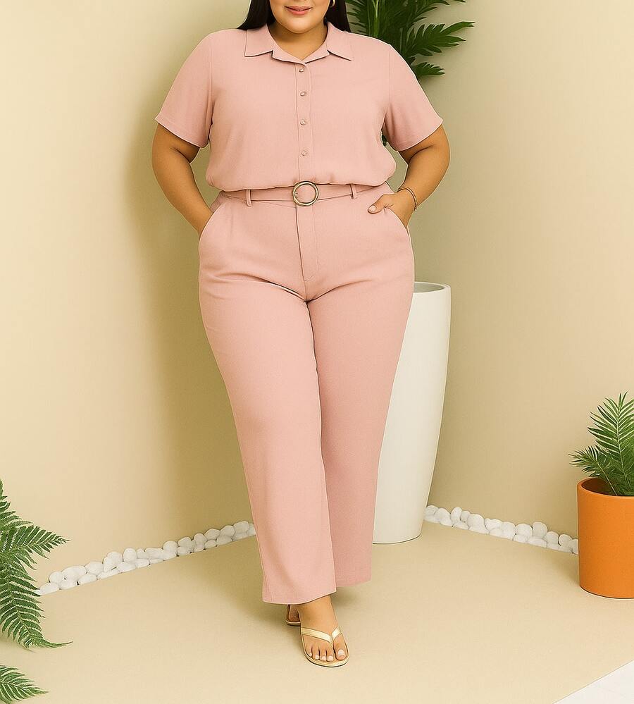 Plus Size Women's 2-Piece Fashion Casual Elegant Set With Cropped Shirt And Wide-Leg Pants With Built-In Belt. Fabric: Split Button. Summer And Winter. - 淺粉色 - 查看 1