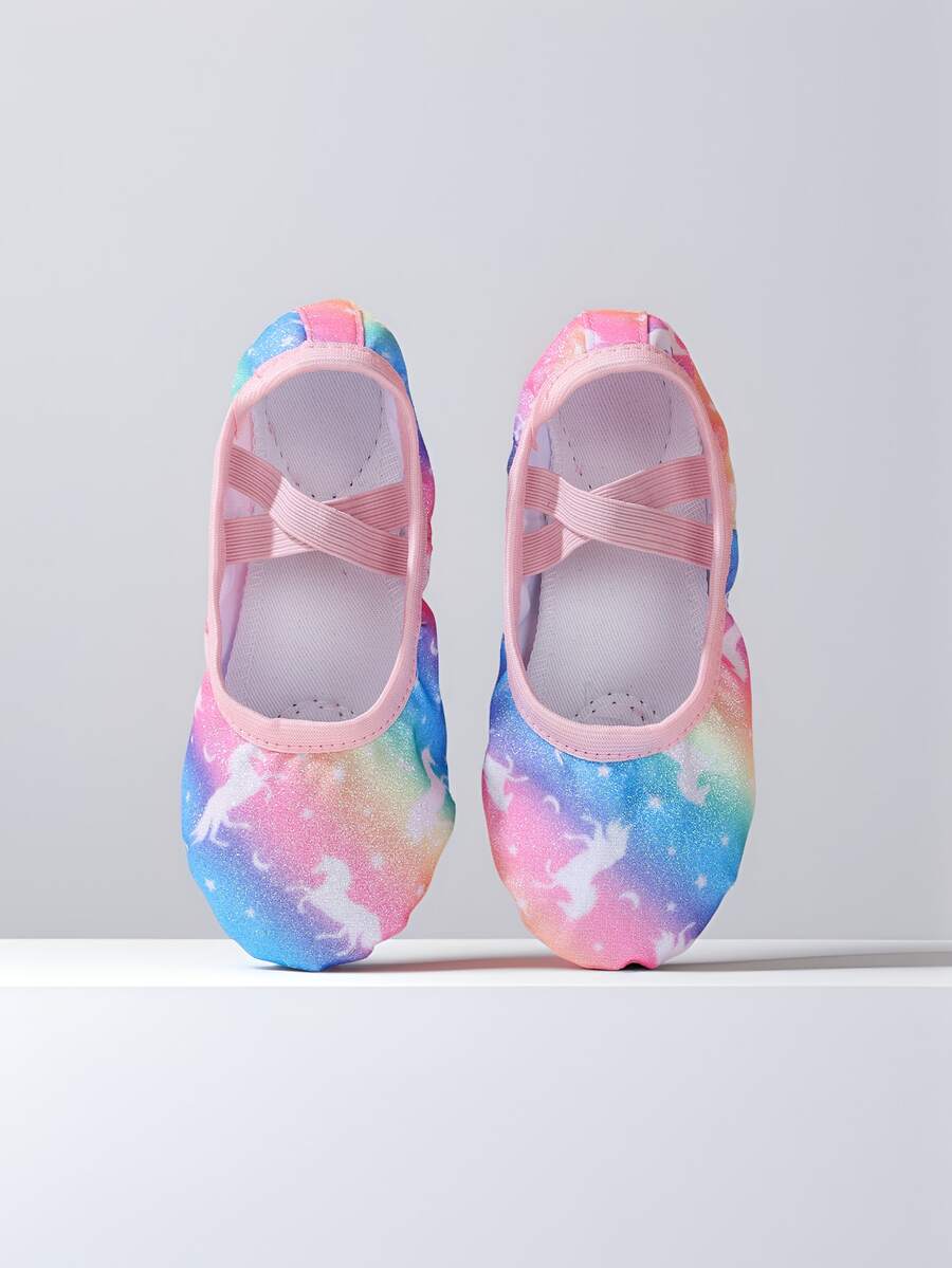 儿童时尚星马图案软底室内舞蹈鞋，兔子系带舒适内衬，防污耐用，适合瑜伽训练、室内芭蕾舞等多种场合。 - 彩色 - 查看 1