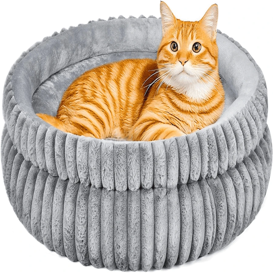 Cat Bed Kitten Bed, Washable Round Cat Beds For Indoor Cats, Super Soft Plush Faux Fur Pet Bed For Puppy And Kitten With Anti-Slip Bottom  16in*16in*5.5in - 灰色 - 查看 1