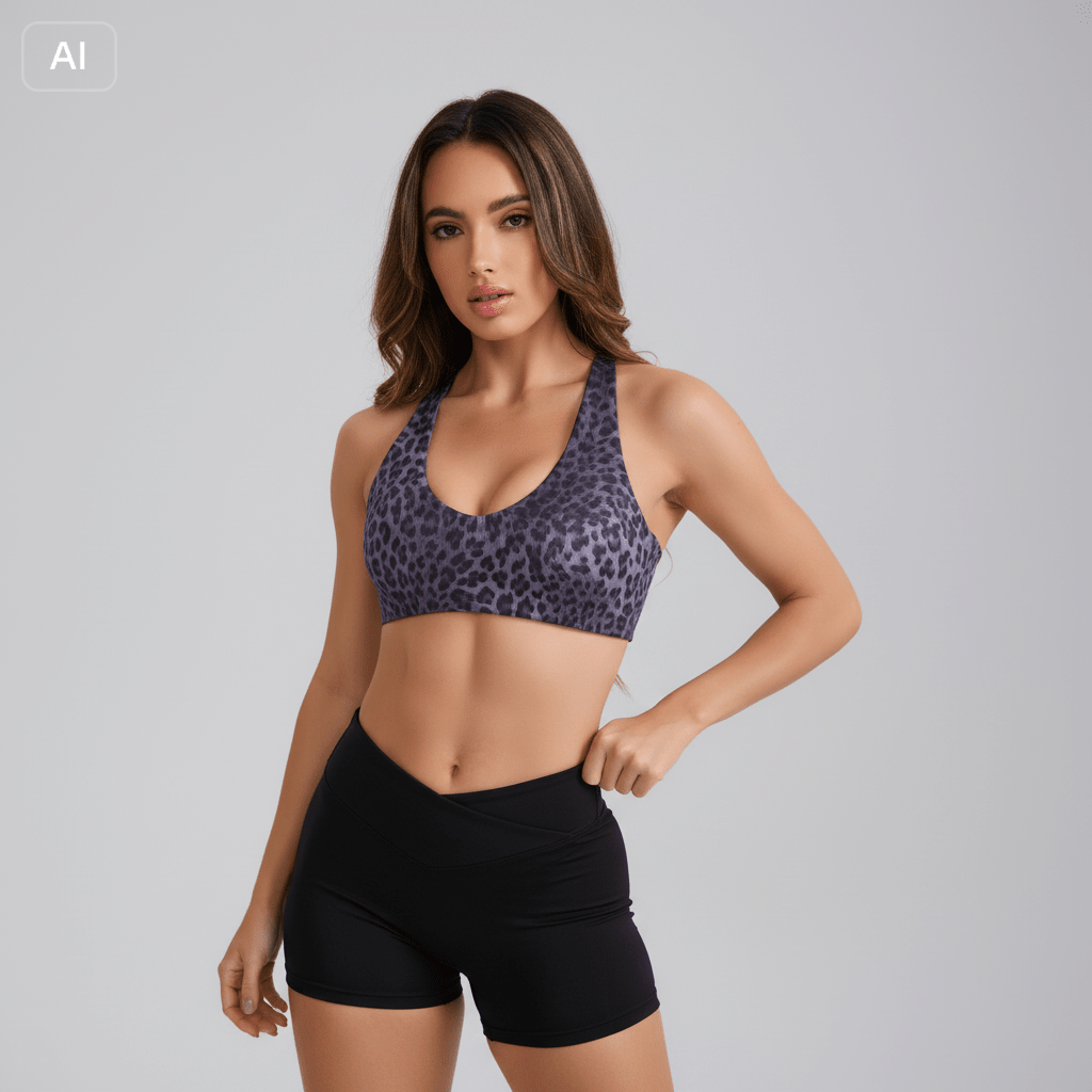 Sujetador deportivo sexy de mujer con estampado de leopardo, escote en V profundo, diseño de espalda cruzada abierta, adecuado para deportes al aire