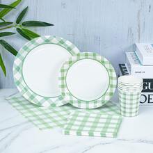 Green & White Plaid Disposable Plate, Napkin, Cup Set, Plates, Napkins And Cups Party Supplies, Serves 8 Guests, Disposable Paper Plates Party Tableware Suitable For Birthday, Wedding, Theme Party, Family Picnic - Multicolor - View 3