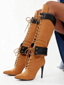 Y2K 风格奢华时尚女式过膝靴尖头蕾丝宽筒拉链细高跟鞋机车优雅派对靴女靴 - 棕色 - 查看 6