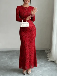 Women's Red Ribbed Knit Maxi Dress: Long-Sleeve Mermaid Gown For Elegant Evening & Formal Occasions - 紅色 - 查看 6