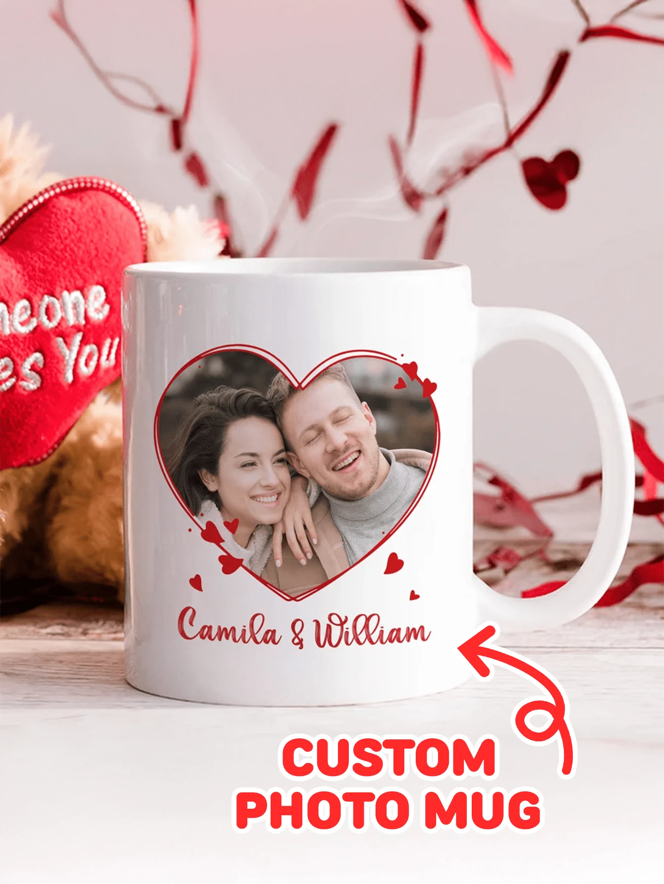 1pc Personalized Photo Mug For Valentine's Day, Customizable With Name And Photo, Romantic Heart-Shaped Design, Love-Themed Drinkware, Suitable For Couples, Spouses, Boyfriends/Girlfriends, Anniversary, Wedding, Engagement, Daily Coffee/Tea/Cocoa Cup, Meaningful Customized Mug For Home And Office Use - Couple model - View 1