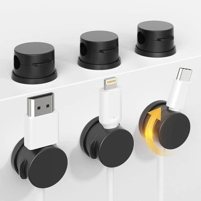 6pcs Rotating Cable Organizer, Magnetic Cable Holder, Desktop Cable Tidy, Bedside Cable Clips, Adhesive Cable Clips, Car & Home Office Cable Management Clips (Black, White)