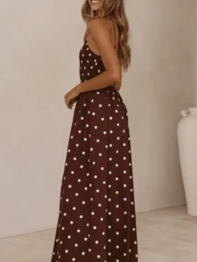 White Brown Polka Dot Maxi Dress For Women Spaghetti Strap Square Neck Smocked Waist Flowy Long Dress Summer Casual Beach Vacation Fashion Dress - 咖啡 - 查看 3