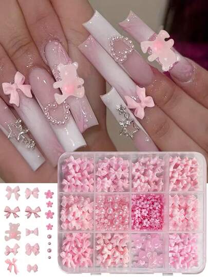 1盒3D蝴蝶结美甲装饰，圆形粉色情人节卡通可爱3D蝴蝶结美甲装饰，适合情人节、新年、斋月美甲装饰 - 亚克力花朵金珠美甲用品 Y2K DIY工艺美甲装饰