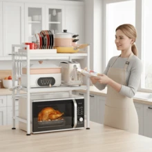 Expandable Microwave Rack, 3-Layer Metal Kitchen Countertop Organizer With 6 Hooks, Toaster Rack, Microwave Rack, And Microwave Rack, Weighing 110 Pounds, White - 白色 - 查看 5