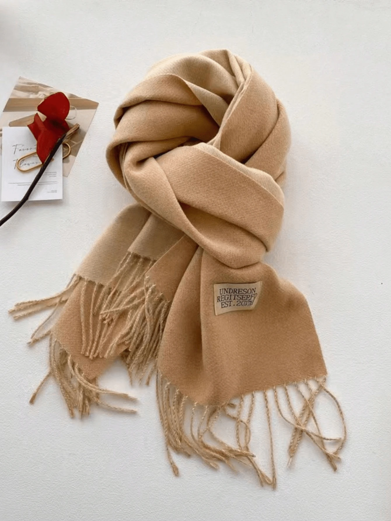 1pc Reversible Solid Color Thick Faux Cashmere Versatile Neck Warmer Scarf, Suitable For Autumn/Winter - Camel - View 1