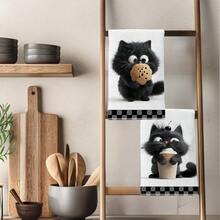 2 piezas Toallas de cocina con patrón minimalista y lindo de gato negro comiendo galletas, de material suave de poliéster, adecuadas para decoración de cocina, limpieza de cocina, decoración de fiesta festiva, artículos esenciales de cocina y baño, decoración del hogar, regalo de inauguración de casa - Multicolor - Ver 9