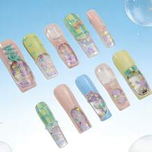 NailHaven 10Pcs Long Square Aquarium Press-On Nails - Pure Handmade Wearable Nails With 3D Bow Charms, Pearl Border Accents, Floating Glitter Details & Pastel Pink-Green Tones, Sweet Y2K Style, Perfect For Afternoon Tea, Casual Outings & Cute Theme Parties,Great Gift For Women & Girls - 彩色 - 查看 4
