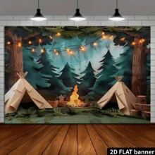 2D Flat 1pc [Camping Background] Photography Camping Background, Forest Scene With Tent, Campfire And String Lights, Party Backdrop, Camping Themed Decor, Multipurpose Decor, Camping Accessories, Suitable For Parties - Mint Green - View 4