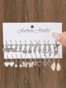 12 Pairs Butterfly & Heart Shaped Pendant Earrings, Valentine's Day - Silver - View 4