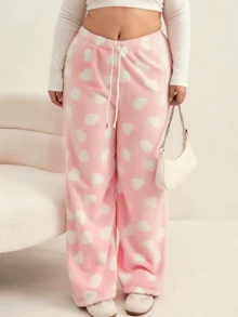 Pantalones anchos de franela gruesa con estampado de corazón y cordón en la cintura para mujer de talla grande, ropa de estar en casa casual para otoño/invierno - Rosa - Ver 5