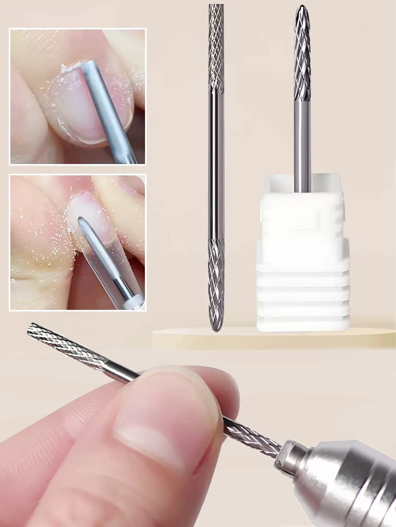 一套双头多功能美甲工具，包含刻甲头、打磨头和抛光头。采用钨钢材质，耐高温耐腐蚀。可用于刻甲、抛光、制作阶梯、推压甲面、去除残留胶水等。