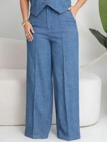 Women's Plus Size Tailored Set: Vest And Wide-Leg Pants - Business/Work Outfit - 藍色牛仔褲 - 查看 3