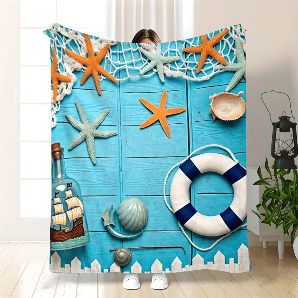 1pc Vintage Ocean Starfish & Lifebuoy Print Flannel Throw Blanket - Soft, Warm, Tear-Resistant, All-Season Cozy Blanket With Starfish Accents And Lifebuoy Design - Ideal For Napping, Camping, Travel, And Home Decor, Perfect Gift For Friends And Family, Light Blue With White Lifesaver Detail, Nautical Decor - As Picture Show - View 1