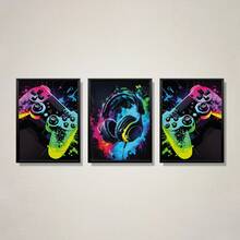 3 pièces/set Affiches sur canevas thème jeux vidéo, Œuvre murale thème jeux vidéo, Cadeau idéal pour les joueurs, garçons, adolescents, chambre, dortoir, décoration de maison, Œuvre murale casque de jeu coloré, Peinture sur canevas, Chambre, Salon, Couloir - multicolore - Voir 6
