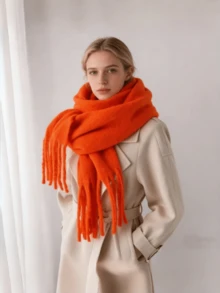 1 pieza Bufanda de unicolor, prenda para el cuello cálida, chal de punto grueso con flecos, adecuado para el invierno - Naranja - Ver 4