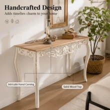 43.31" French Country Carved Console Table - Antique White Distressed Solid Wood & MDF Entry Table With Curved Legs For Hallway/Living Room - White - View 2