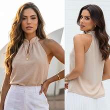 Women's Elegant Tank Top With High Neck, Pearl Detail, And Button Closure - 奶油色 - 查看 7
