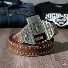 Retro 2-In-1 Crucifix Belt Buckle & Lighter Case - Unisex Gothic Silver Tone Cross Waist Accessory - "In God We Trust" Western Biker Style - Gothic Cross Belt - 查看 2