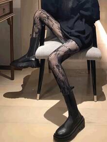 Medias altas para mujer - Corazón, rejilla, sobre la rodilla, sexy calado, medias altas con forma de corazón, subcultura oscura, medias de seda negra de rejilla - Negro - Ver 7