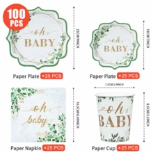 白色底绿色叶子“Oh Baby”花瓣形一次性餐盘、餐巾纸、杯子套装 - 一次性派对套装，可供25位客人使用，一次性纸盘派对用品，适用于生日、婚礼、主题派对、家庭野餐 - 彩色 - 查看 2