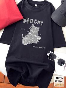 Cartoon Pattern Short Sleeve Mid-Length Cotton T-Shirt For Women, Fashionable Casual Top - Black - View 2