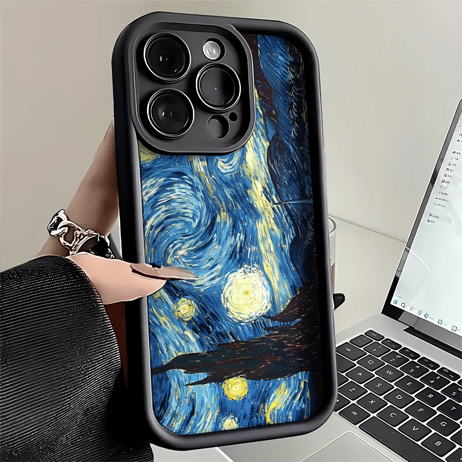 Esta funda de teléfono Van Gogh Starry Night es compatible con Apple 16E/15/14/13/12/11/Pro/PLUS/Pro Max/MINI, S/A/M/NOTE, S/G/EDGE/E, Transition Spark/HANTOM/CAMON/INFINIX, Honor 400/PLAY/X/Y, OPPO Reno/A/F, 14/Redmi/POCO/NOTE y otros modelos. Está hecha de TPU transparente, simple, elegante y duradero. Es ideal para San Valentín, Halloween, Navidad, para uso personal o como regalo. - Negro - Ver 1