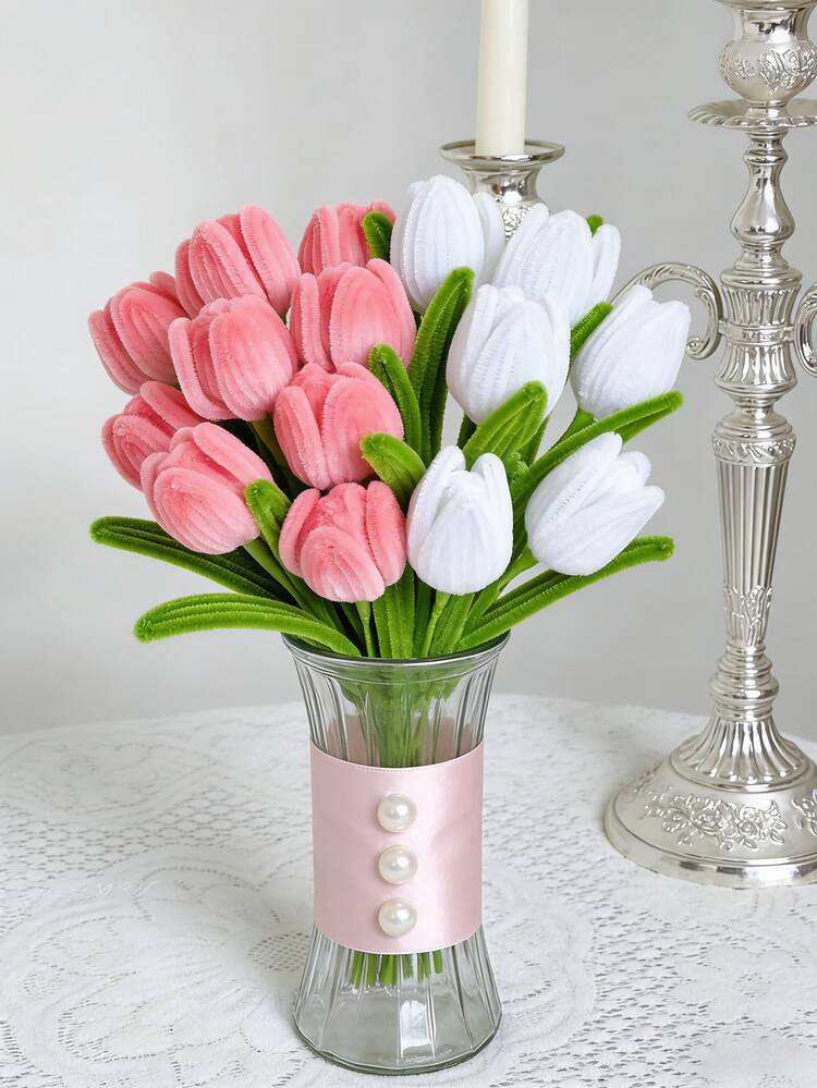 Handmade Tulip Pipe Cleaner | Artificial Tulip Decor, Suitable For Dining Table, Gift Decoration, Party Set, Room, Home, Wall, Bathroom, Bedroom, Room Decor, Office Desk Accessories, Wedding, Living Room - Multicolor - View 1