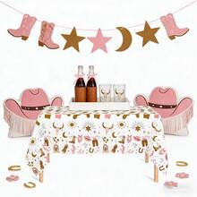 Western Cowboy Tablecloth - Rustic Boho Pink & Brown Table Cover With Bull Skull, Cowboy Boots & Western Motifs - Decorative Tablecloth For Cowboy Party Supplies, Birthday, Picnic, Indoor/Outdoor Dining - Fits Most Rectangular Tables - Multicolor - View 8