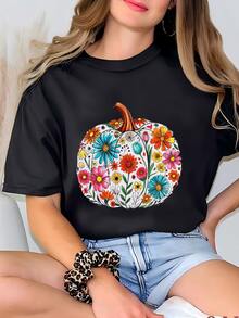 Womens Floral Pumpkin Fall Sweater, Boho Floral Fall Sweatshirt, Floral Pumpkin Sweat, Fall Vibes Sweat, Boho Fall Pumpkin Wear, Floral Woman Sweat T-Shirt - màu đen - Xem 2