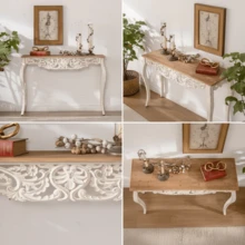 43.31" French Country Carved Console Table - Antique White Distressed Solid Wood & MDF Entry Table With Curved Legs For Hallway/Living Room - White - View 7