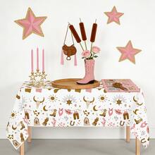 Western Cowboy Tablecloth - Rustic Boho Pink & Brown Table Cover With Bull Skull, Cowboy Boots & Western Motifs - Decorative Tablecloth For Cowboy Party Supplies, Birthday, Picnic, Indoor/Outdoor Dining - Fits Most Rectangular Tables - Multicolor - View 5