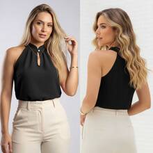 Women's Elegant Tank Top With High Neck, Pearl Detail, And Button Closure - 黑色 - 查看 4