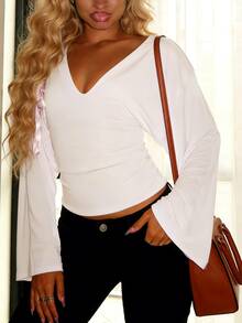 Women's Fashionable Long Sleeve Deep V-Neck Knit Top, Regular Hem, Comfortable Stretchy Fabric, White - White - View 8