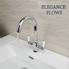 1个镀铬高光双白色陶瓷把手厨房水龙头，豪华双控冷热水浴室台盆水龙头，G1/2接口，包含2根60厘米软管，G3/8适配器 - 鍍鉻 - 查看 3