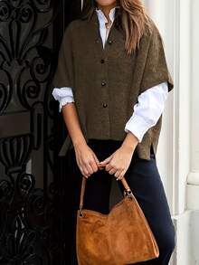 Cardigan tricoté élégant et décontracté pour femmes, de couleur unie, col rond, manches courtes, modèle croisé, style minimaliste chic pour le travail. Ample, tenue de rue pour femmes - Marron - Voir 5