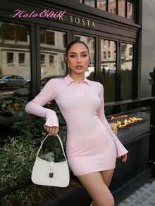 Rochie mini tricotată roz prăfuit pentru femei HoloChill, cu mâneci lungi evazate, decolteu polo