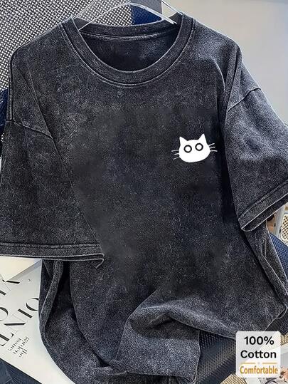 Oversized Vintage Black Cat Graphic Washed Cotton Long Sleeve T-Shirt For Women