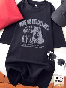 女士纯棉趣味猫咪印花短袖中长T恤，时尚别致休闲上衣 - 黑色 - 查看 2