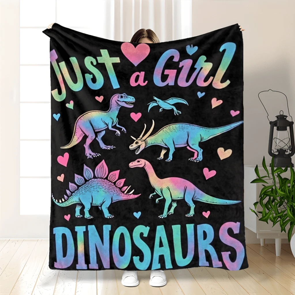 Just A Girl Who Loves Dinosaurs" Flannel Blanket - Colorful Dinosaur Design, Perfect Gift For Girls And Adults, Cozy All-Season Throw, 50"X40, Cozy Dinosaur Blanket | Playful Dinosaur Pattern | Flannel Polyester Fabric - 如圖所示 - 查看 1