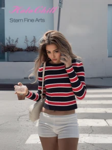 Áo len nữ dài tay cổ tròn phối màu kẻ sọc HoloChill, kiểu dáng thường ngày, đa năng. - Đỏ - Xem 4