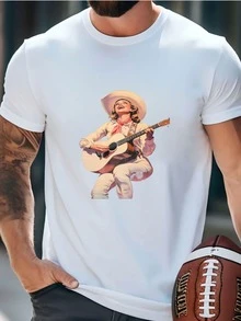 Mens Vintage Winter Cowgirl Playing Guitar In Snowy Rocky Mountains Art Print, Country Music Western Decor, Rustic Americana, Retro Cowgirl Print T-Shirt - White - View 2